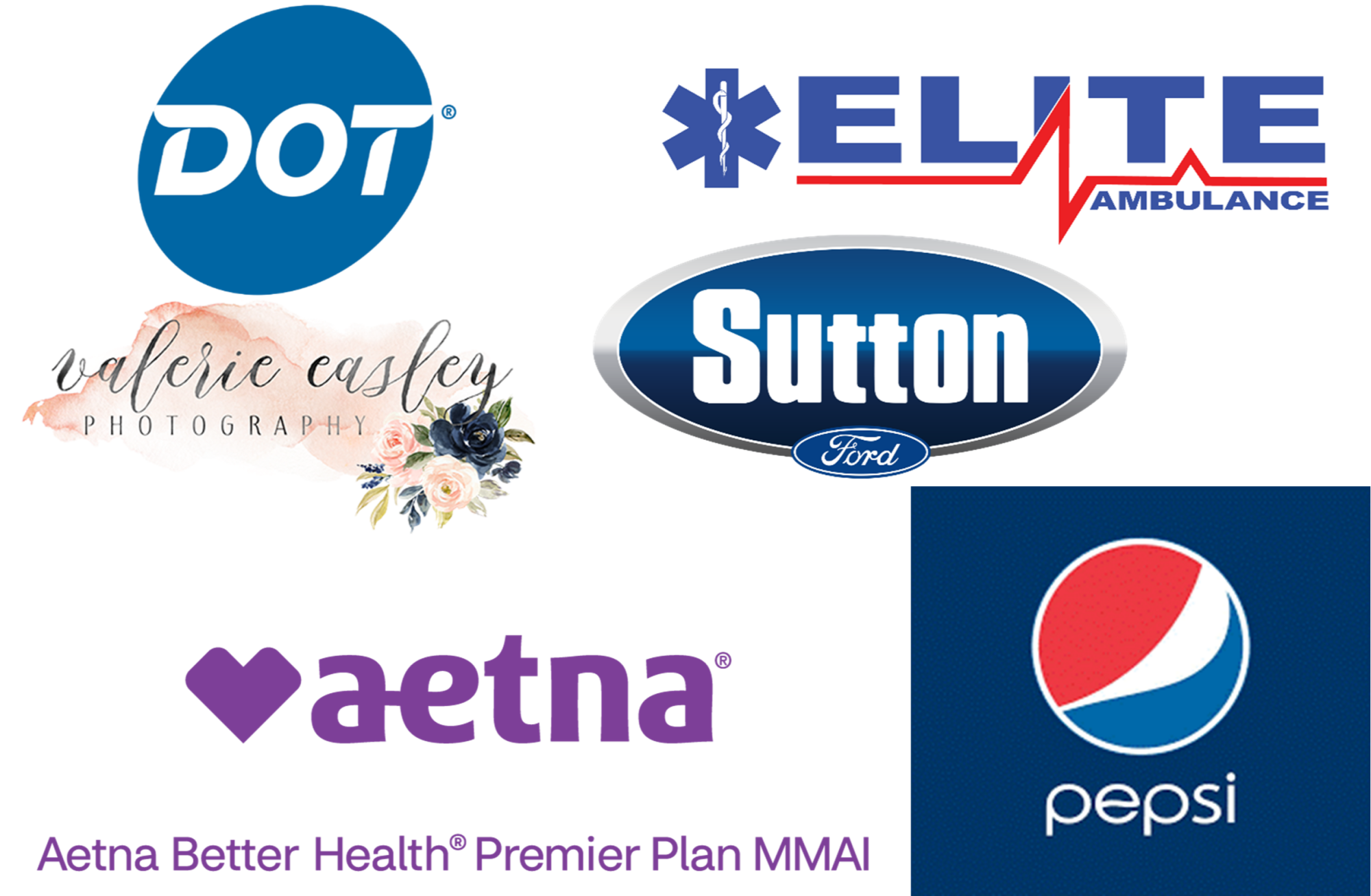 DOT Foods, Elite Ambulance, Valerie Easley Photography, Sutton Ford, Aetna and Pepsi logos