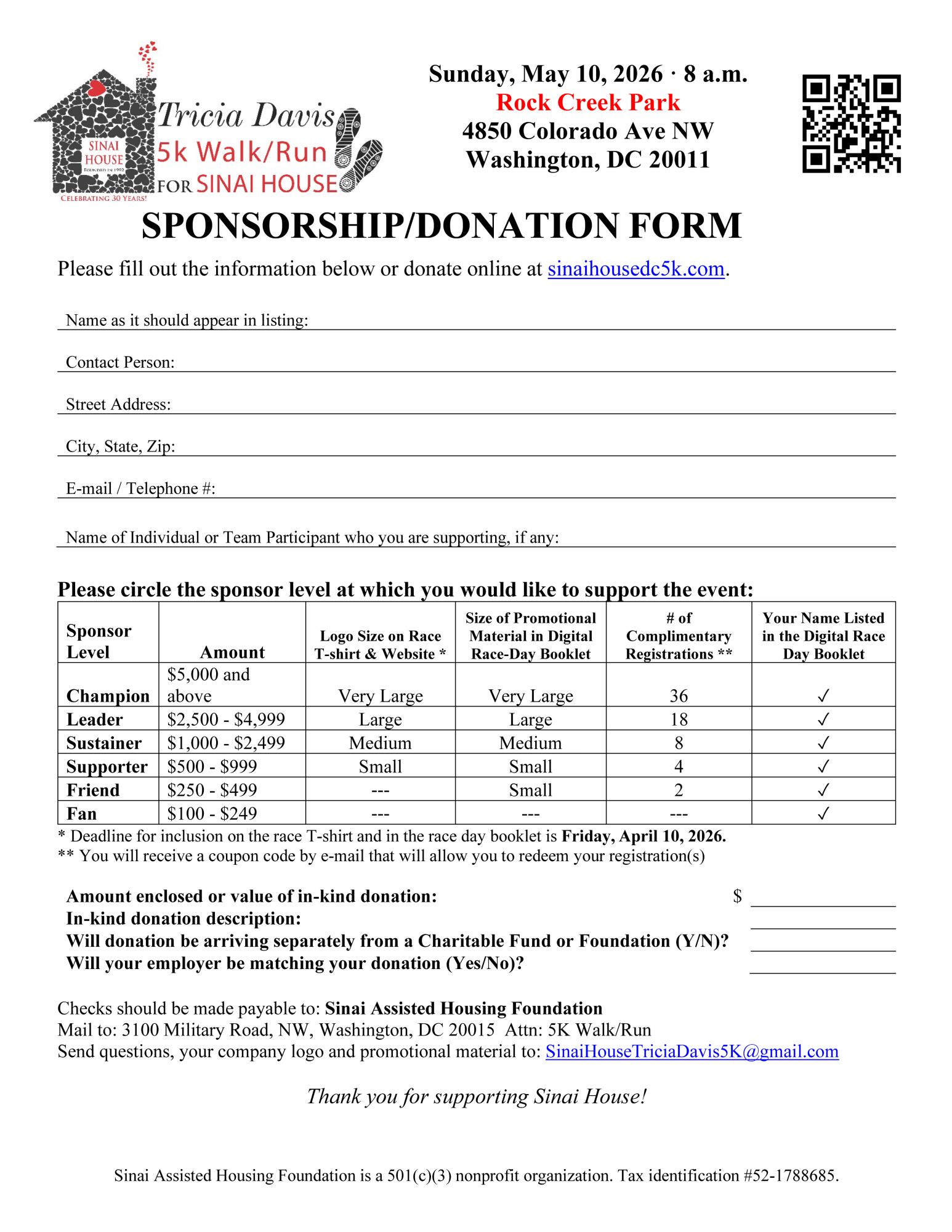 Tricia Davis 5K 2026 Sponsorship/Donation Form