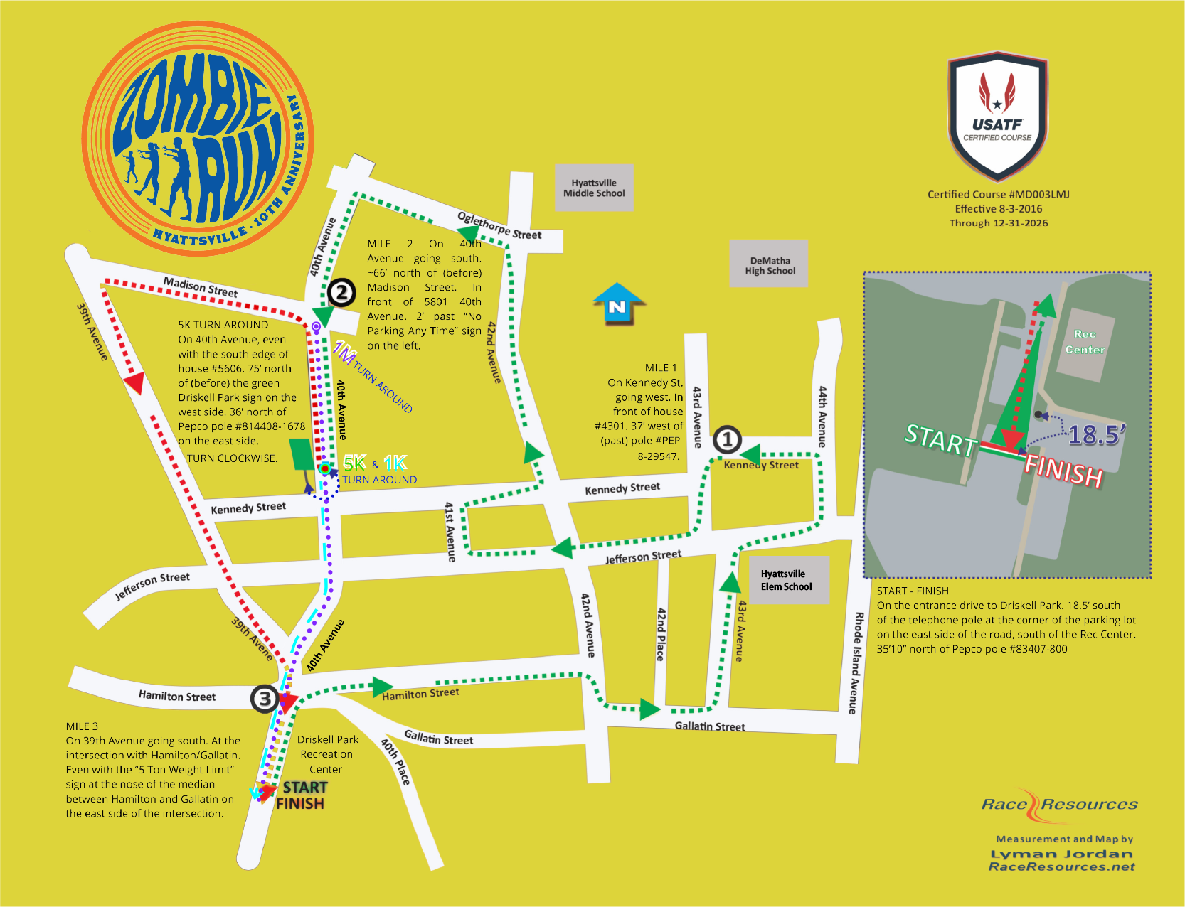 Zombie Run course map with start/finish line at Driskell Park