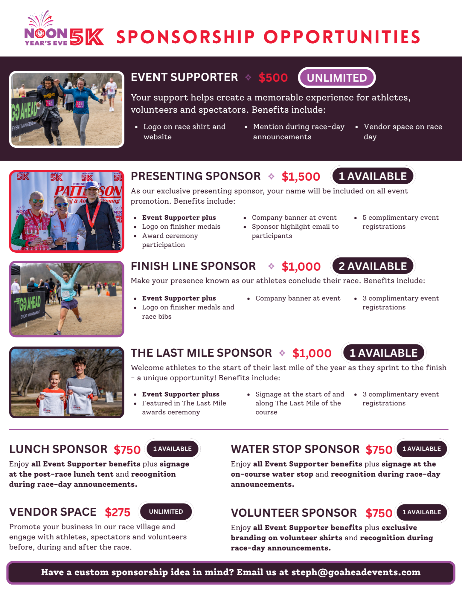 Main sponsor opportunities for NOON Year's Eve 5K