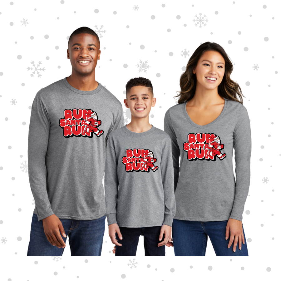 grey long sleeved run santa run logo