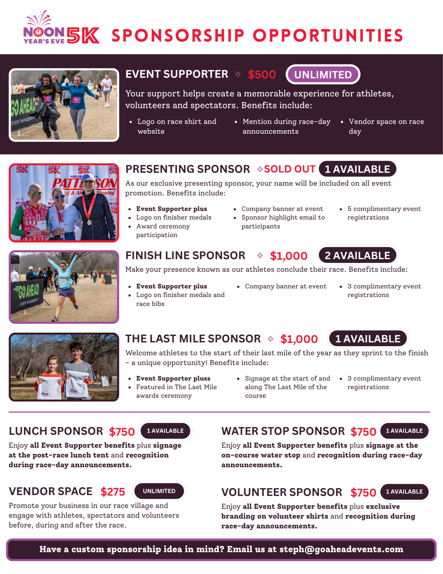 Main sponsor opportunities for NOON Year's Eve 5K