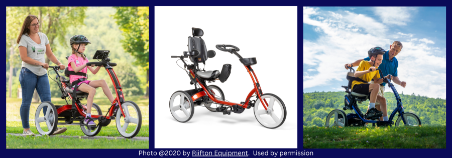 Collage with 3 photos showing Rifton Adaptive Tricycles