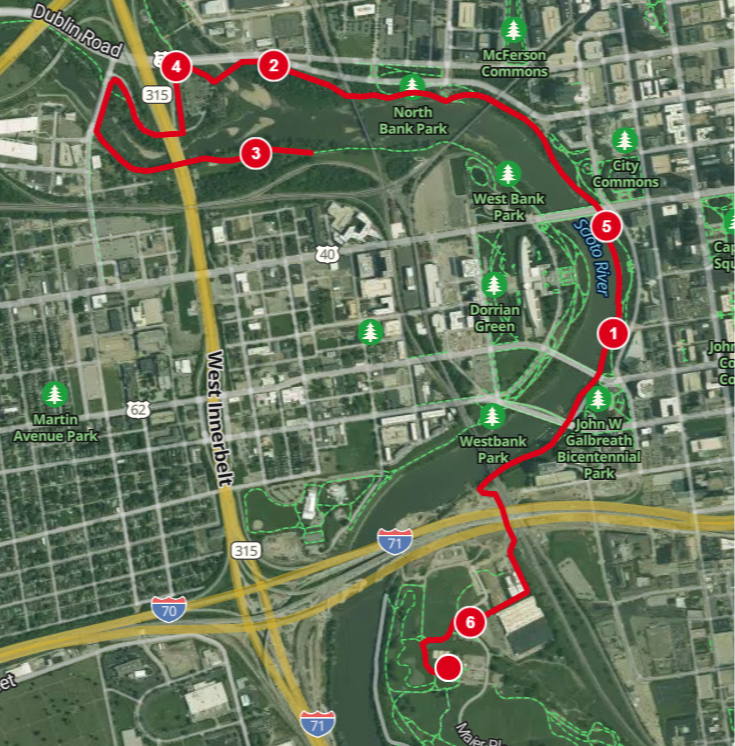 10K Route Using Souder Ave Bridge starting from Scioto Audubon Metro Park