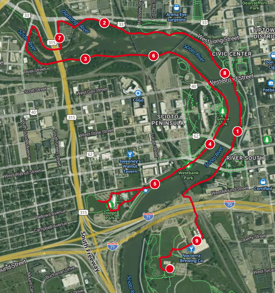 15k Course Map starting from Scioto Audubon Metro Park