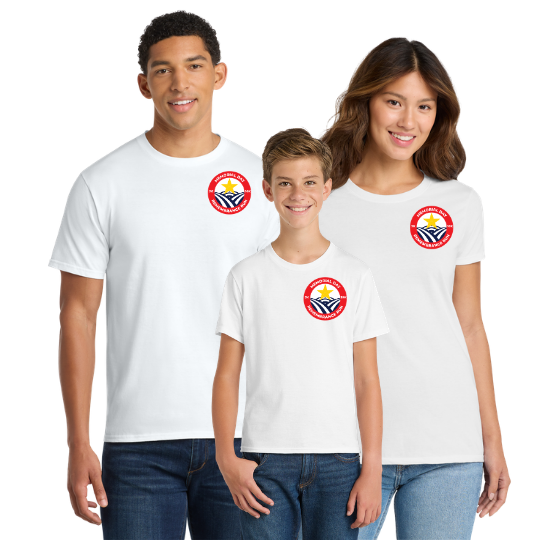 3 people wearing white shirts with a memorial day logo on them