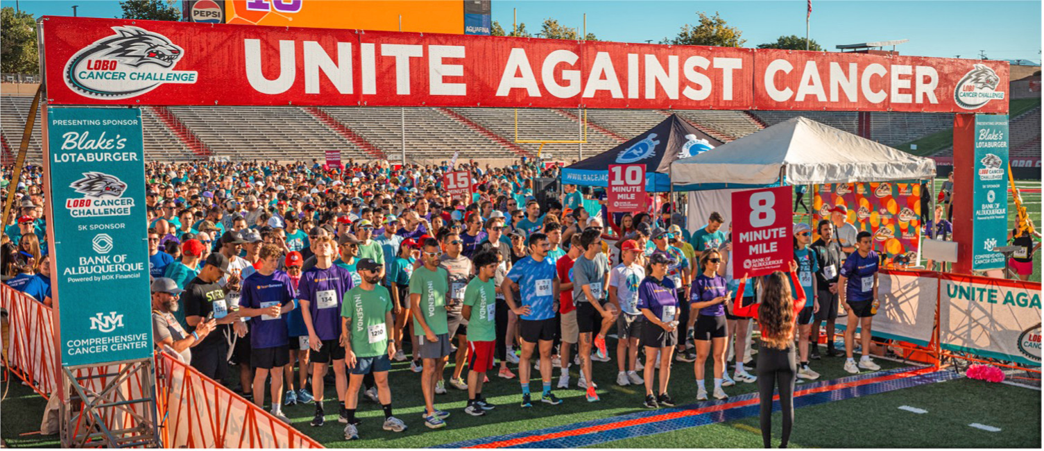 Unite Against Cancer signage for 5K start features Presenting Sponsor Blake's Lotaburger