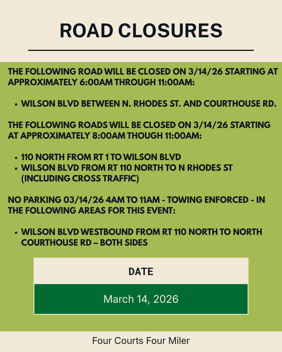 List of Four Courts Four Miler Road Closures 