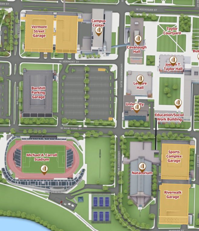 Yellow boxes on the map mark participant parking locations: the Vermont Street Garage near the top left and the Sport Complex and Riverwalk Garages close to the stadium area at the bottom.