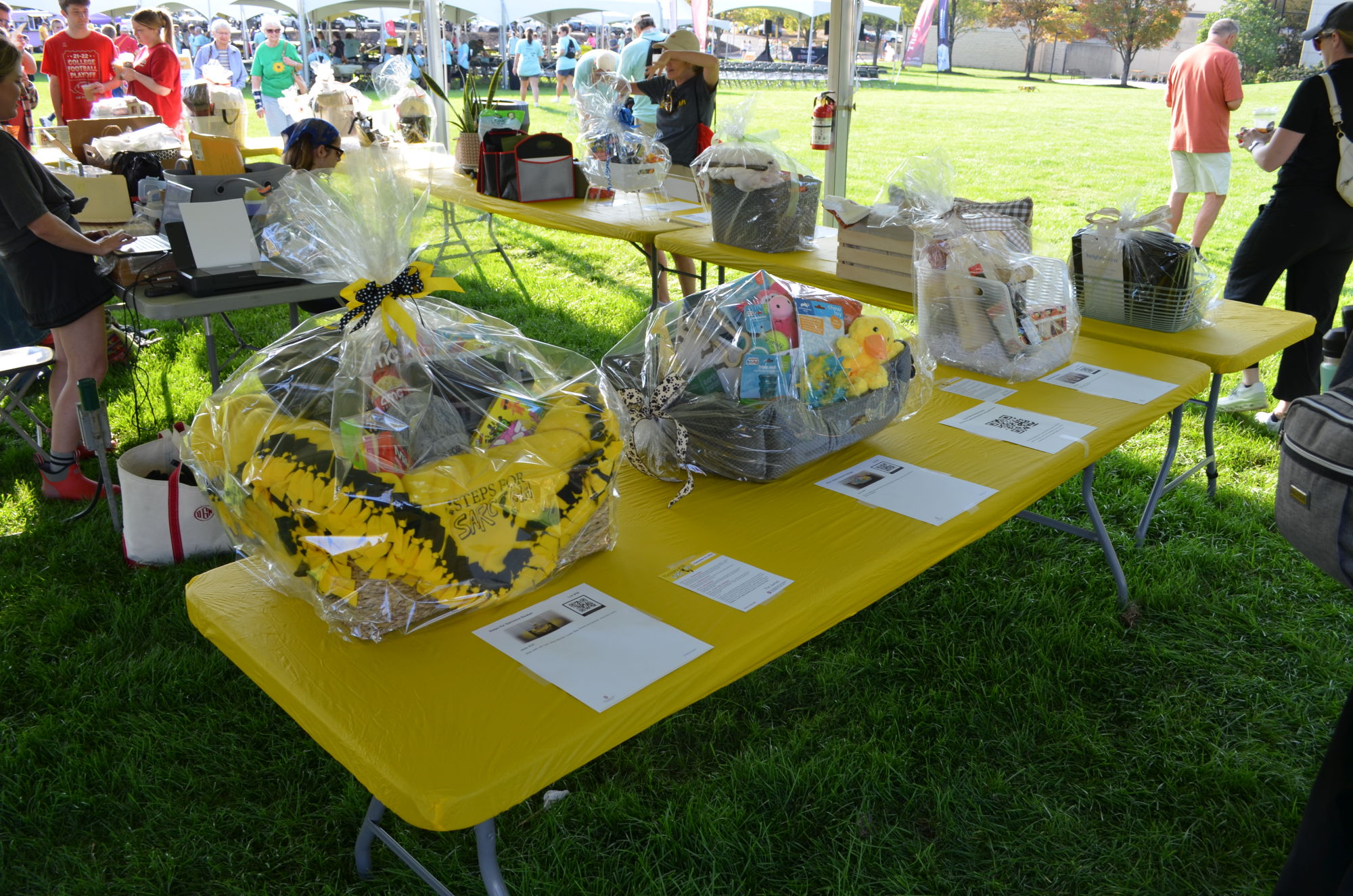 Silent auction baskets on a table