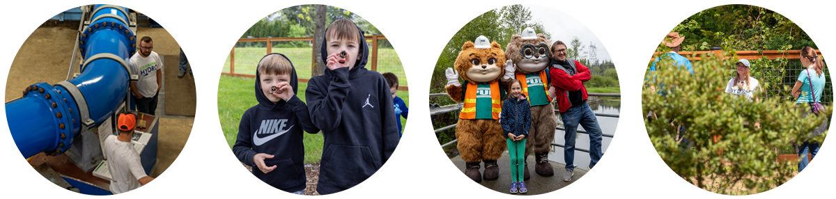 Images showing giant pipes inside of hydro facility, two boys playing with acorns, PUD squirrel mascots with family and people touring the food forest among young fruit trees