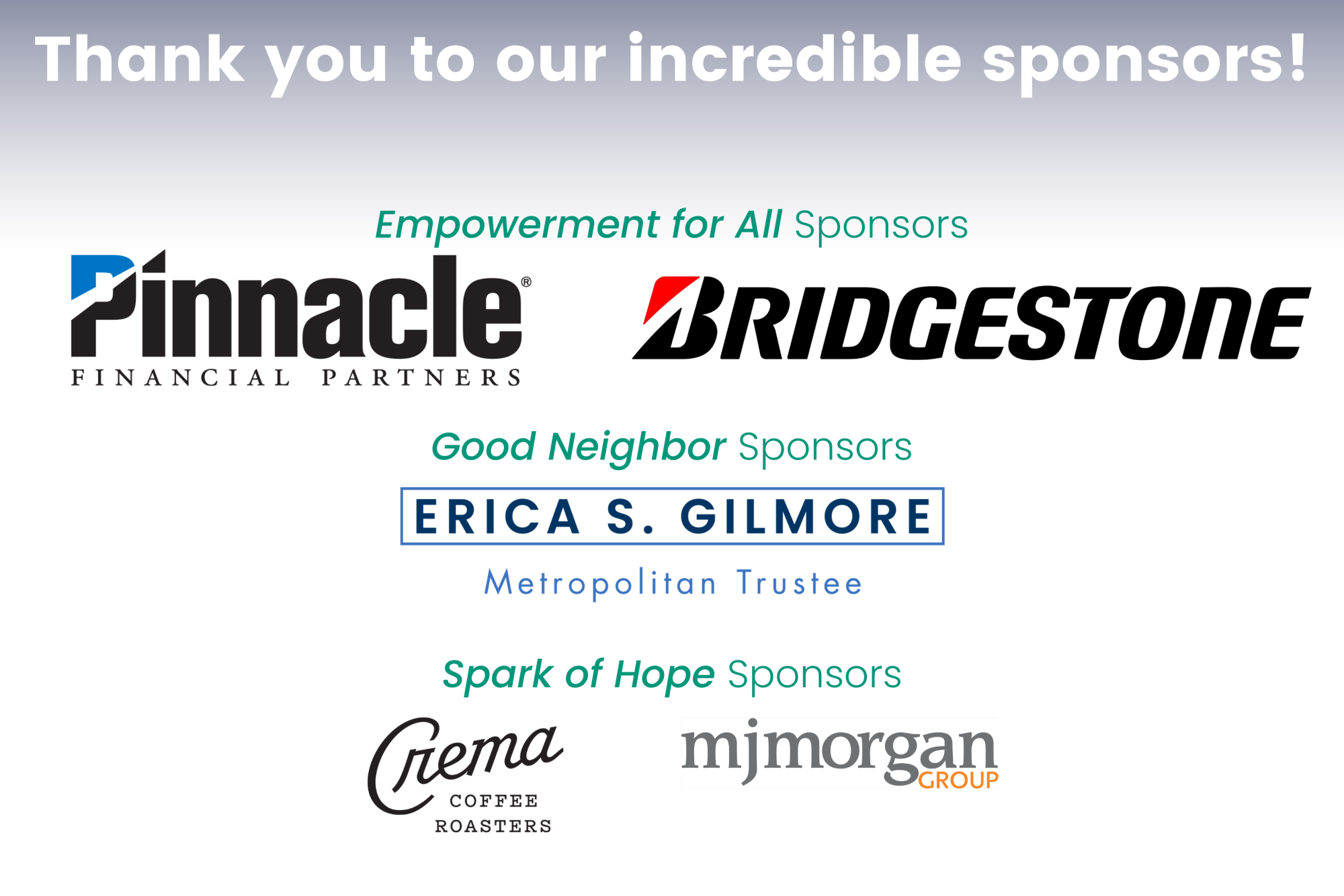 Thank you to our sponsors, Pinnacle Financial Partners, Bridgestone, Erica S. Gilmore of the Metropolitan Trustee's Office, Crema Coffee Roasters, and MJ Morgan Group.