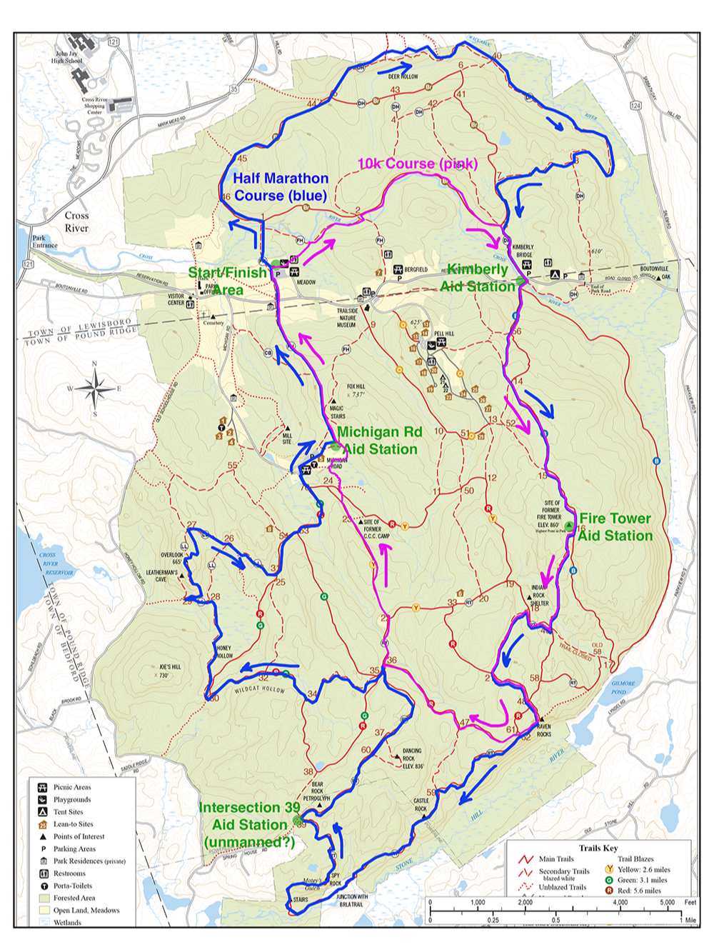 Fire Tower Trail Half Marathon and 10k Course Map