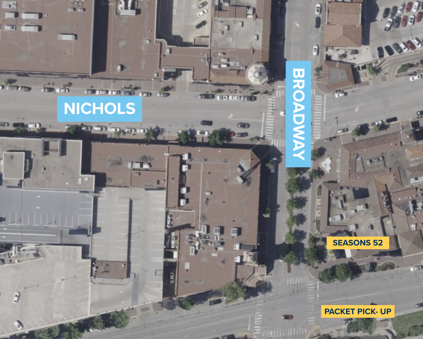 map of the country club plaza, roads Broadway and Nichols. Where the Shuttle pick up will be