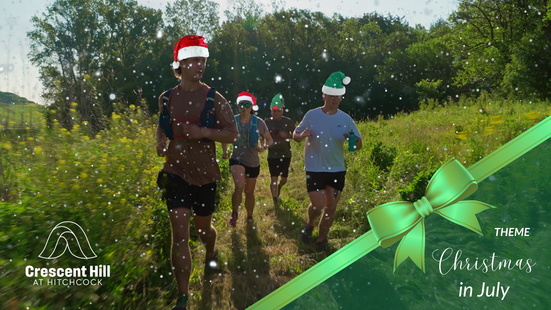 Trail runners in a prairie. Image has been edited so that runners are wearing holiday hats to denote this year's race theme: Christmas in July.