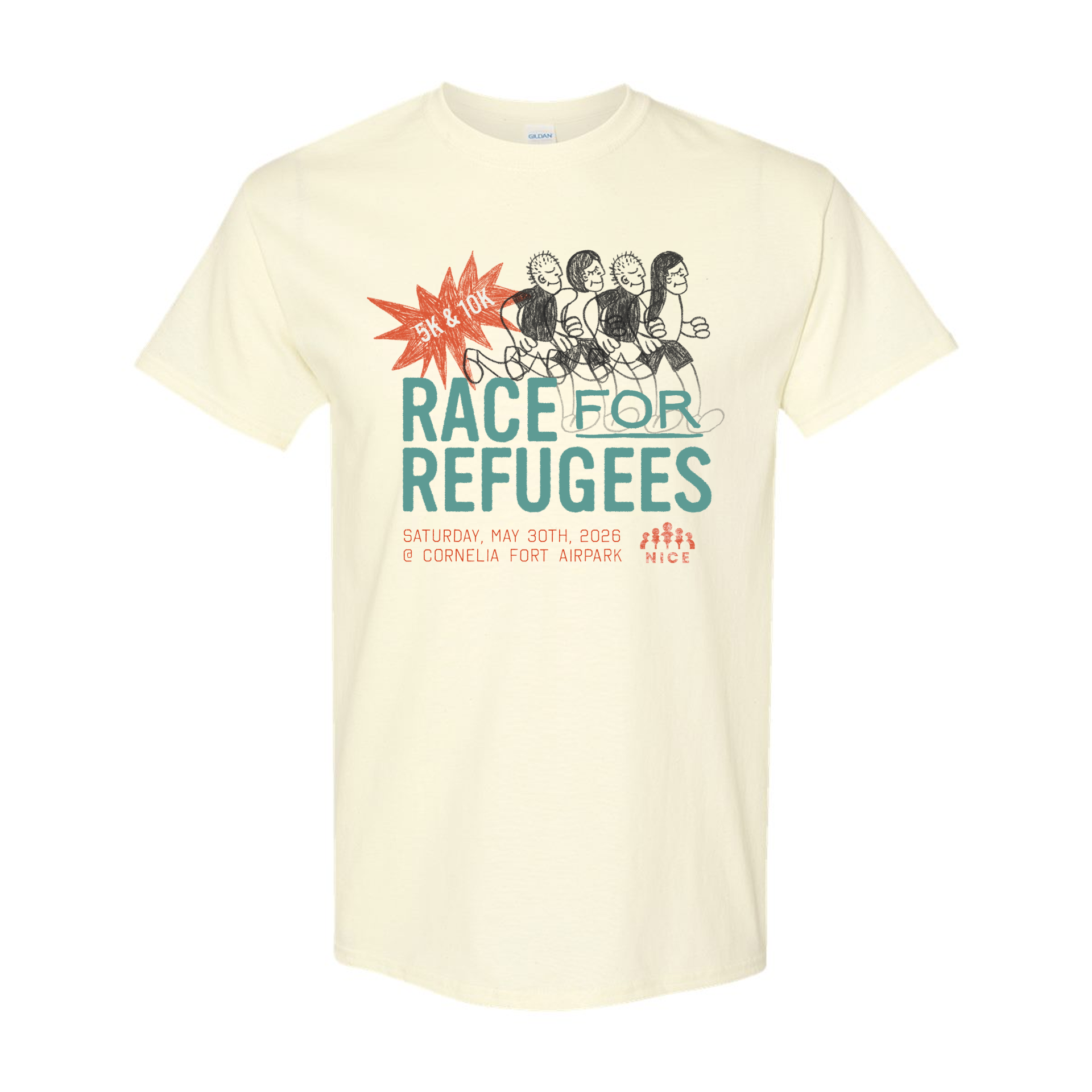 Race for Refugees 5K 10K t-shirt with NICE logo and race date, May 30th 2026.