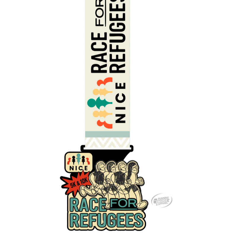 Race for Refugees medal in red-orange, teal, and off-white with NICE logo
