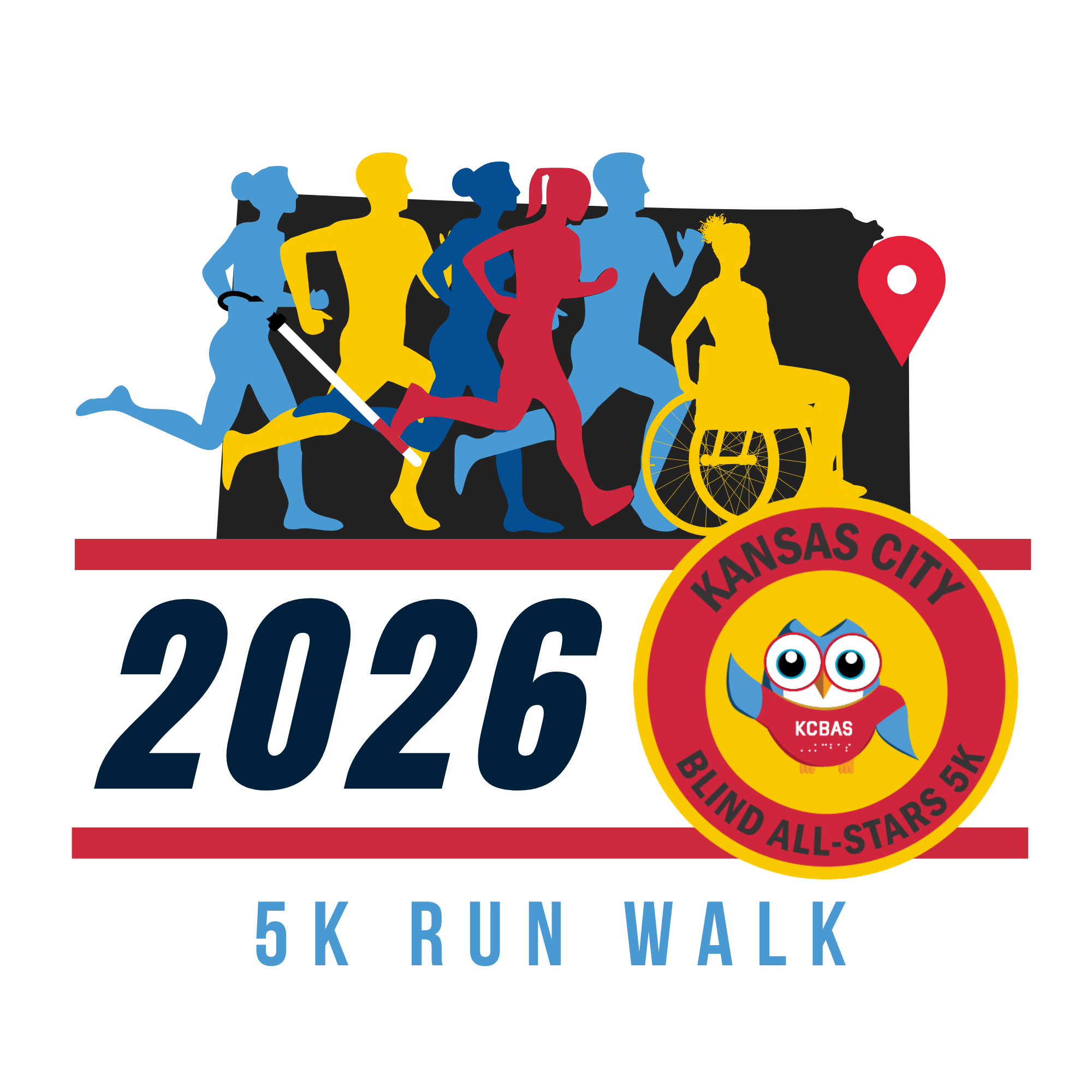 The design features several colorful silhouettes—blue, yellow, and red—of people running and one person using a wheelchair, set against a black backdrop of the state of Kansas. One runner is depicted using a white cane. On the right, a red location pin sits above a circular emblem containing a cartoon owl mascot wearing a "KCBAS" shirt. Large bold text reads "2026" in dark blue between two red horizontal bars, with "5K RUN WALK" written in light blue at the bottom.