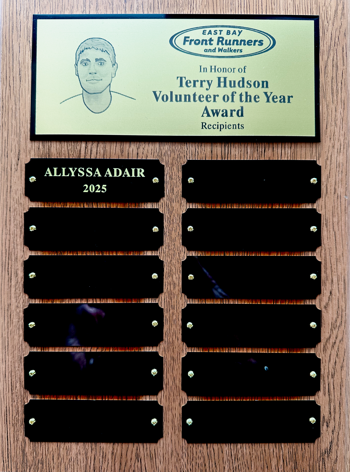 Terry Hudson Volunteer of the Year Award Plaque