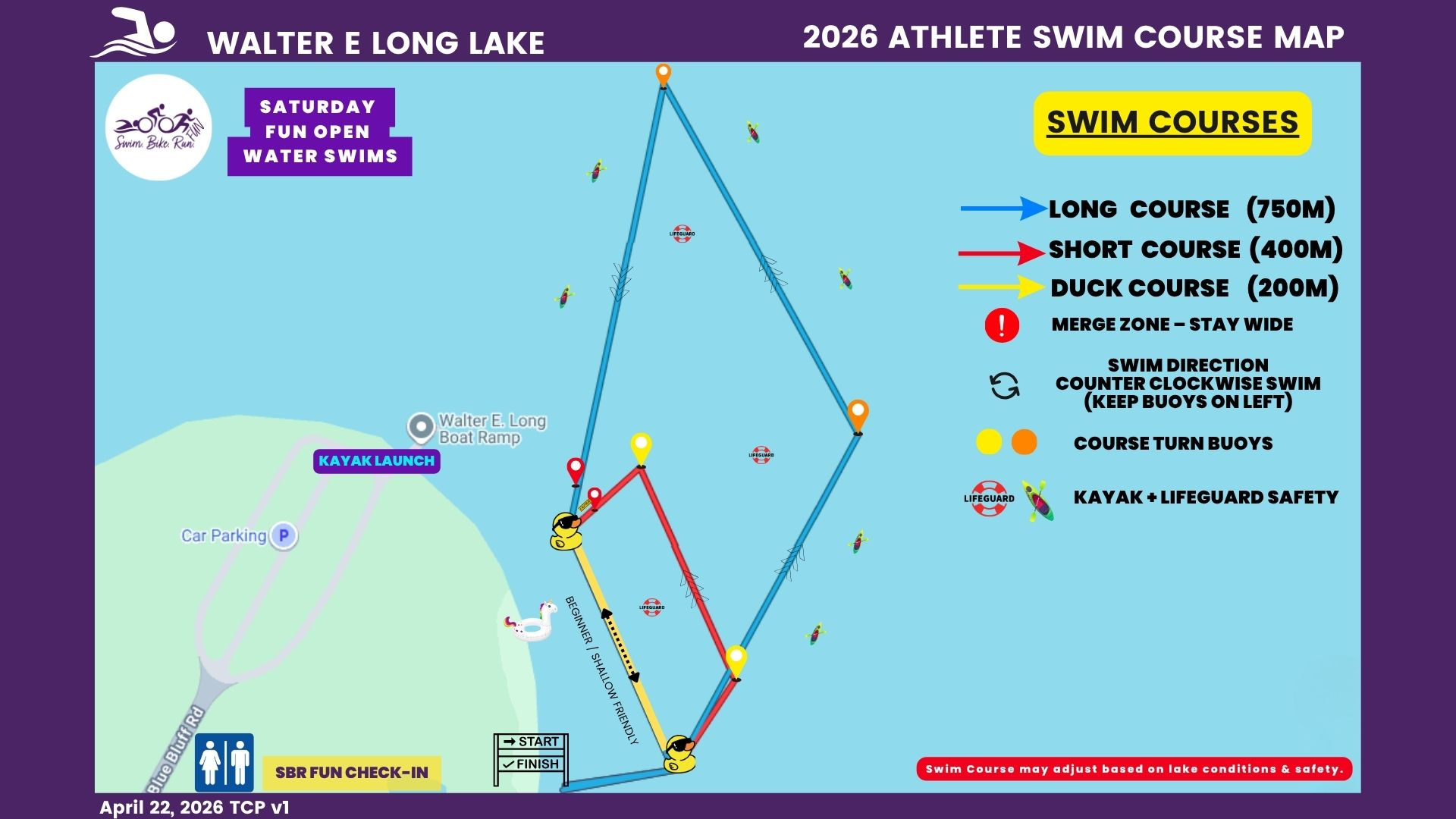 2026 Swim Traffic Control Plan for SBR Fun Open Water Swims at Walter E. Long Lake showing three course distances, lifeguard stations, and boat ramp access.