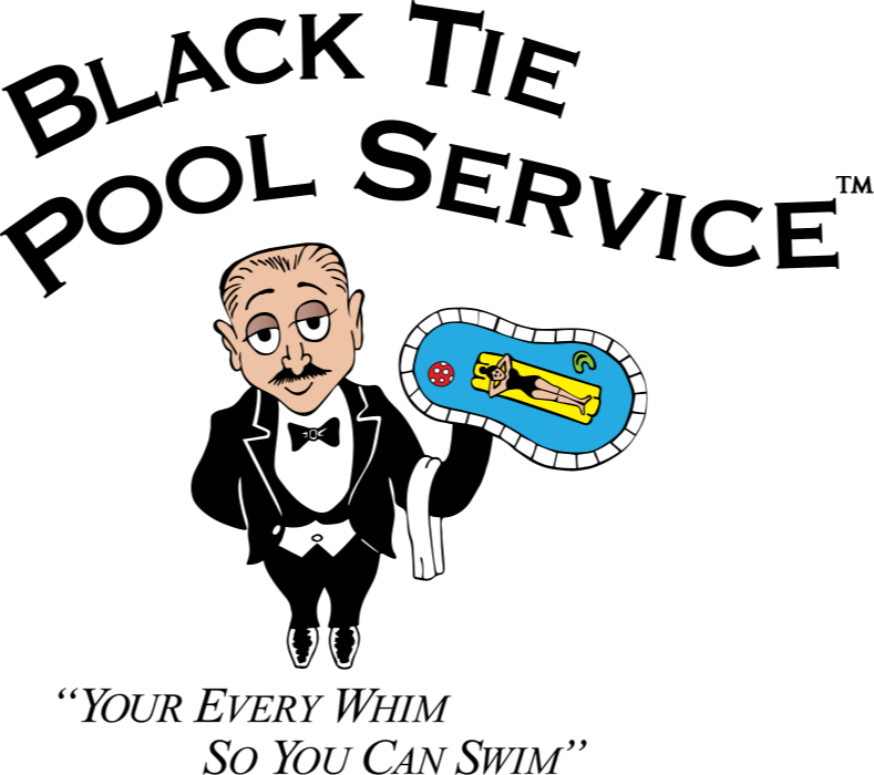 Black Tie Pool Service Logo featuring a cartoon of a waiter or butler in black tie formal dress holding a swimming pool up with a woman in it.