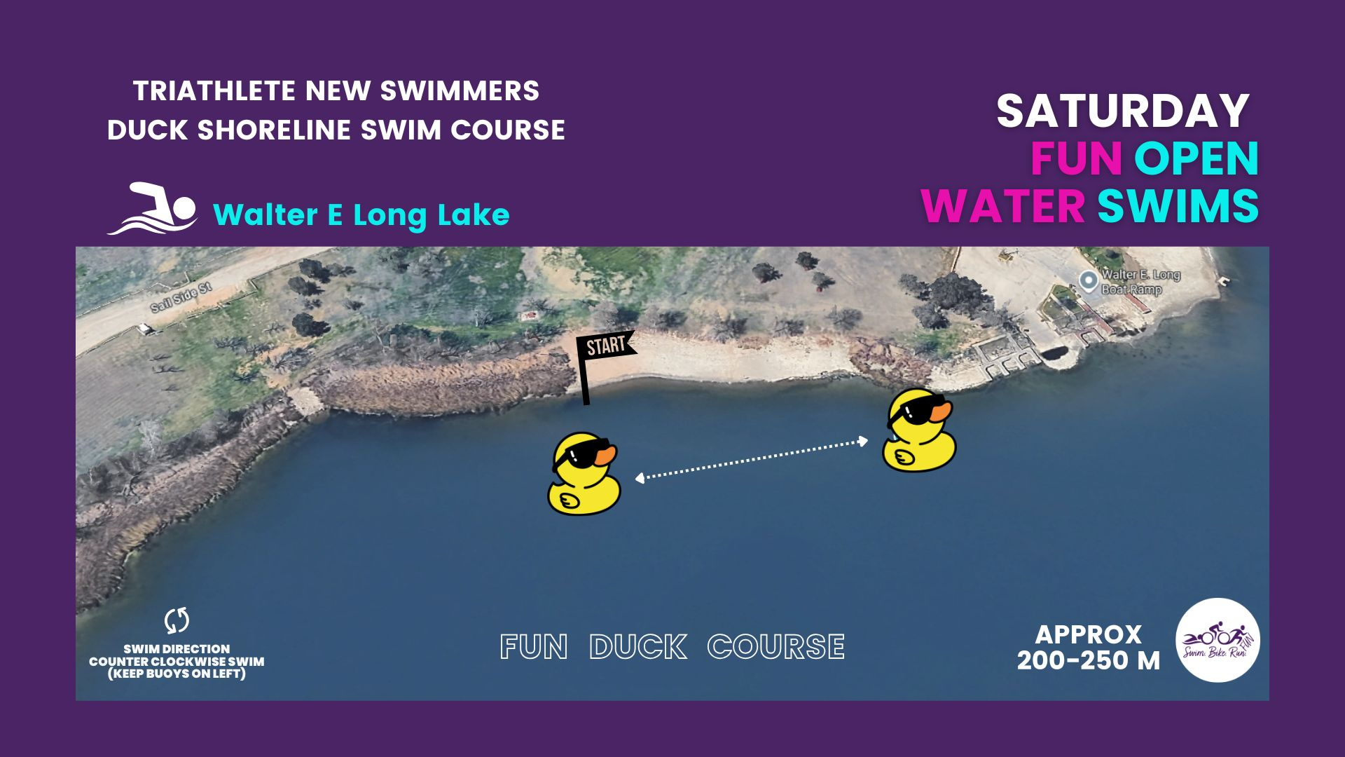 Aerial map of the Fun Duck Course at Walter E. Long Lake showing a 200-250 meter short course swim route. The map features yellow rubber duck icons as buoy markers with arrows indicating a counter-clockwise swim direction