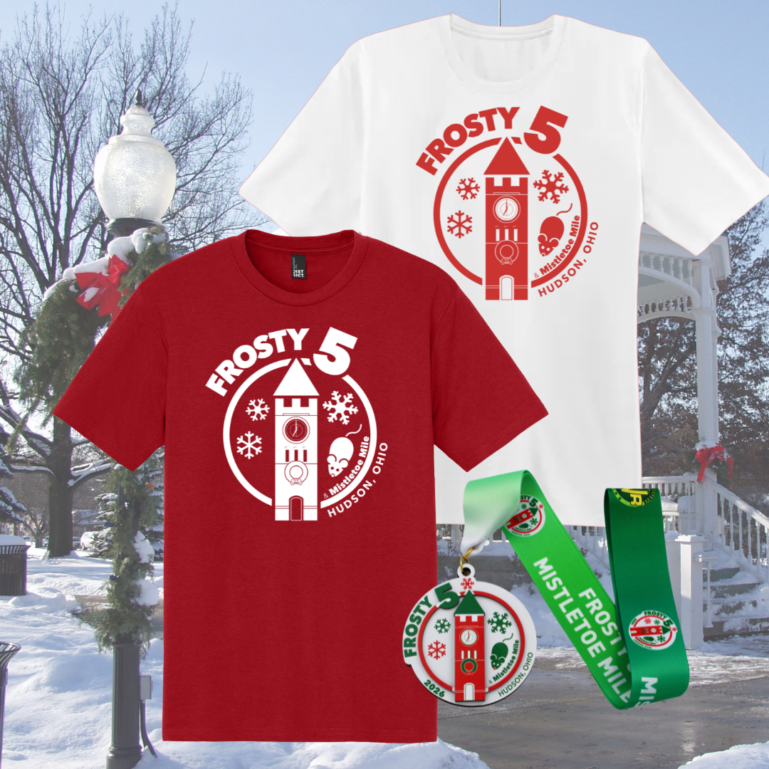 2026 Frosty Swag Options - red triblend tee, white tech tee, finisher medal