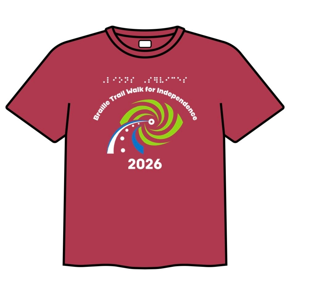 Image of Shirt- pinkish read reads the Braille Trail Walk for Independence