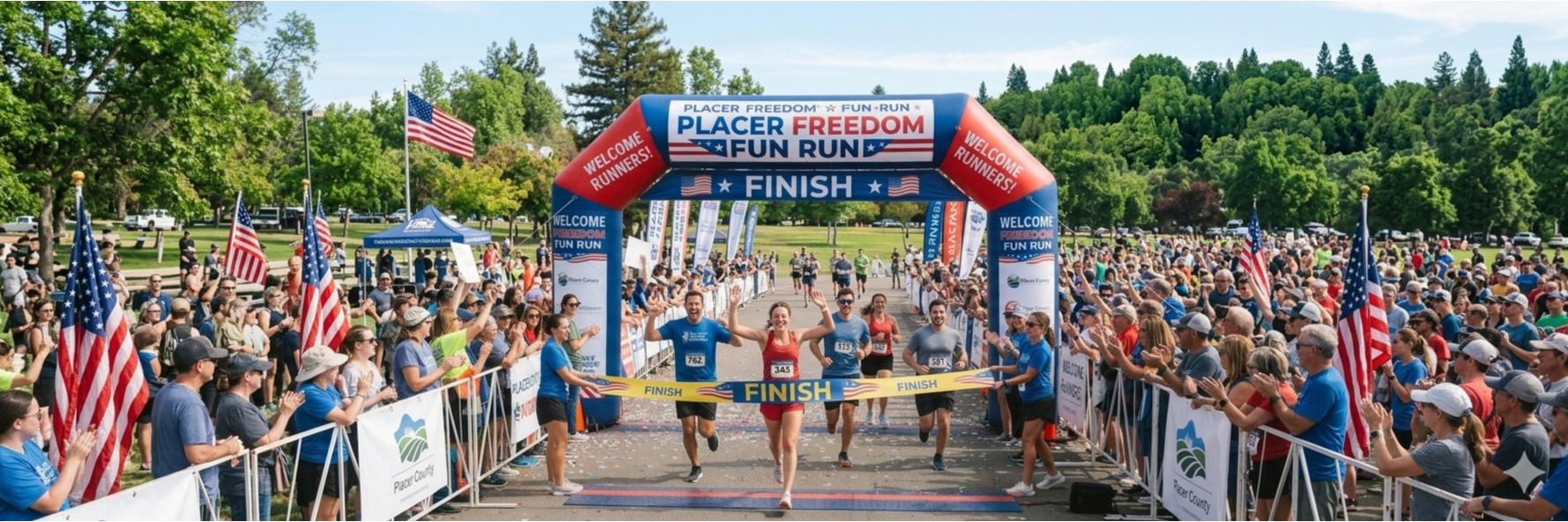 Runners crossing the Placer Freedom Fun Run finish line with cheering fans and American flags set in a park setting.