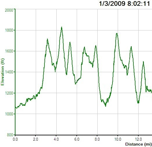 Athens Big Fork Trail Marathon elevation profile from the start to Mile 13.1