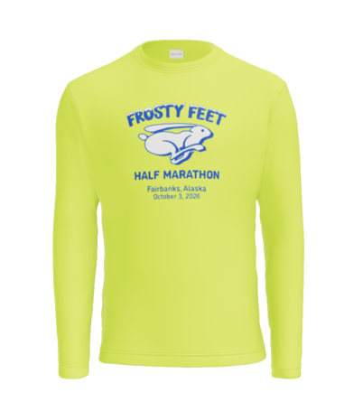 This hi-viz long-sleeve shirt features the Frosty Feet Half Marathon logo of a running hare.