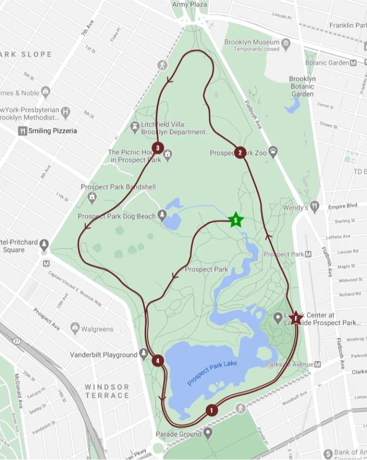Prospect Park Turkey Trot Race Map with milage markers and start/finish