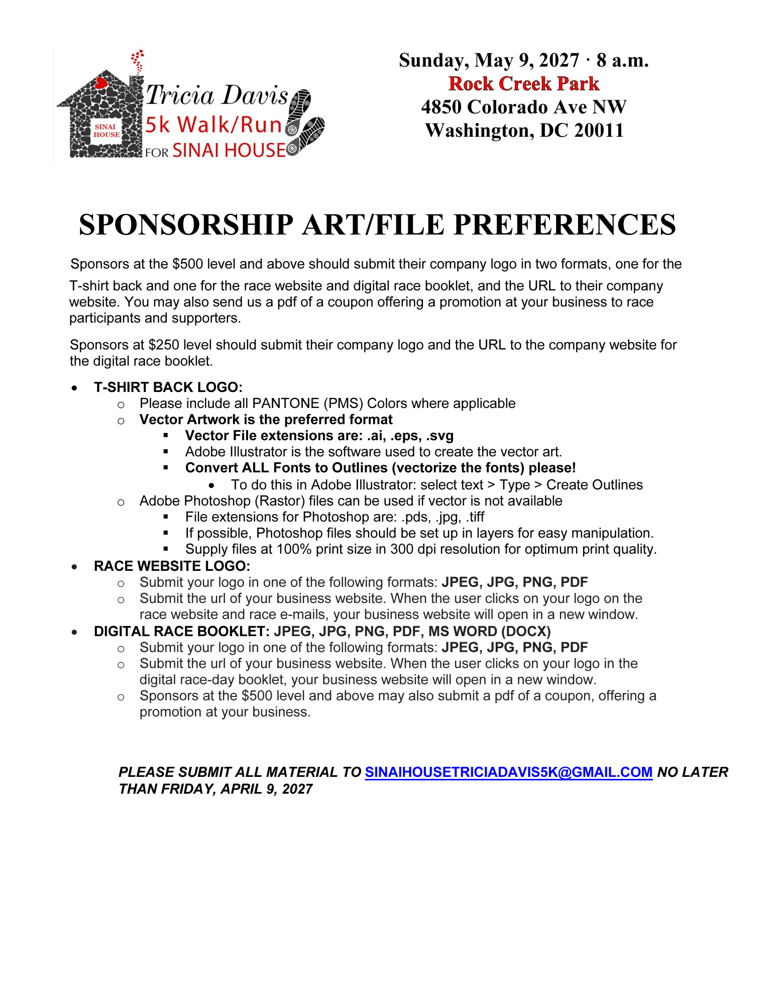 Tricia Davis 5K for Sinai House 2027 Artwork Specs