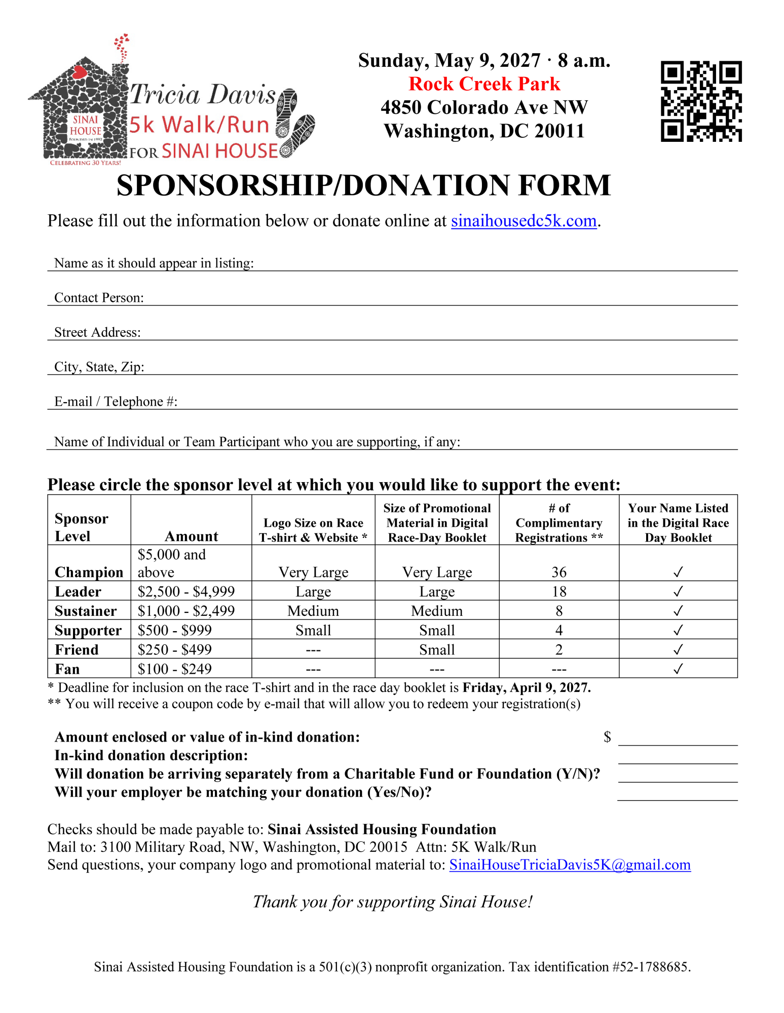 Tricia Davis 5K 2027 Sponsorship/Donation Form