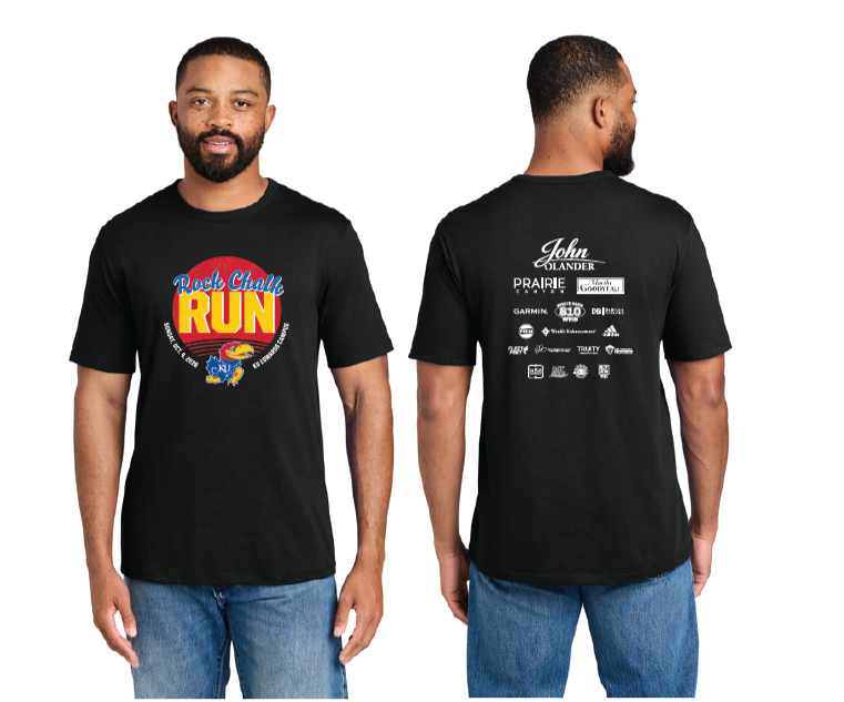 man with black shirt that says Rock Chalk Run