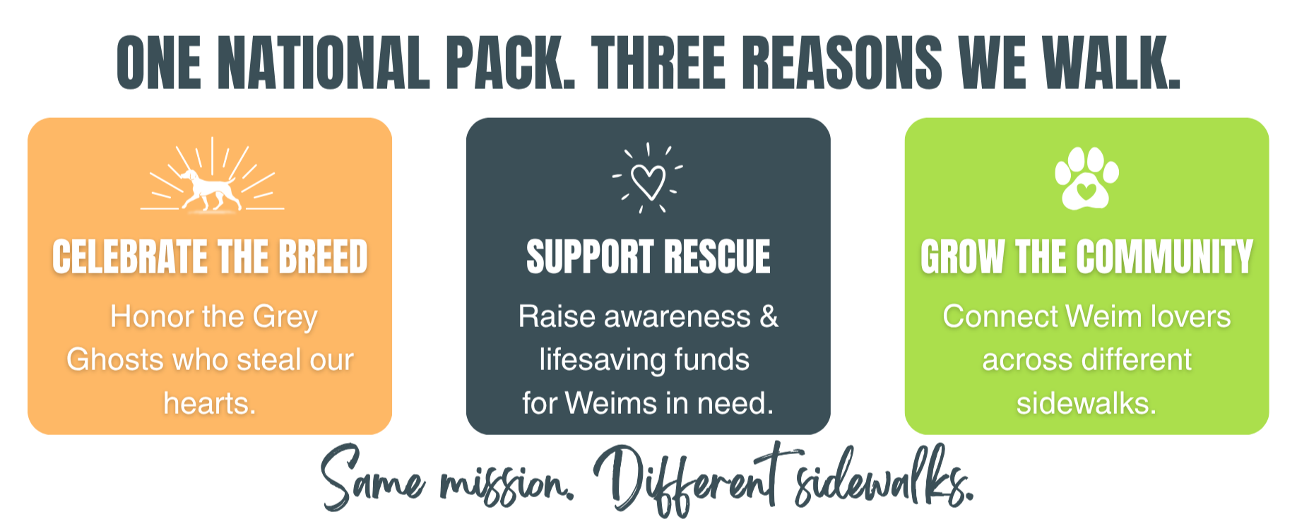 Walk for Weims brings together one national pack to celebrate the Weimaraner breed, support rescue and grow the Weimaraner community. Same mission. Different sidewalks.