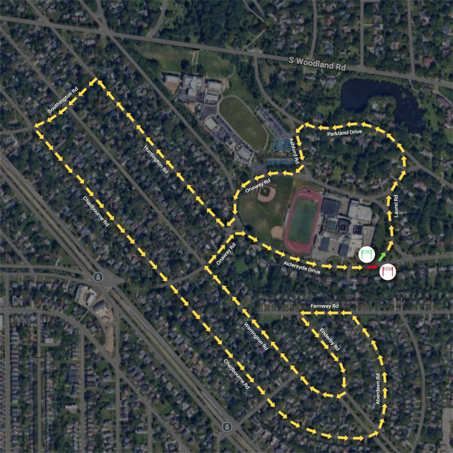 Race route for the 5K outlined in yellow arrows