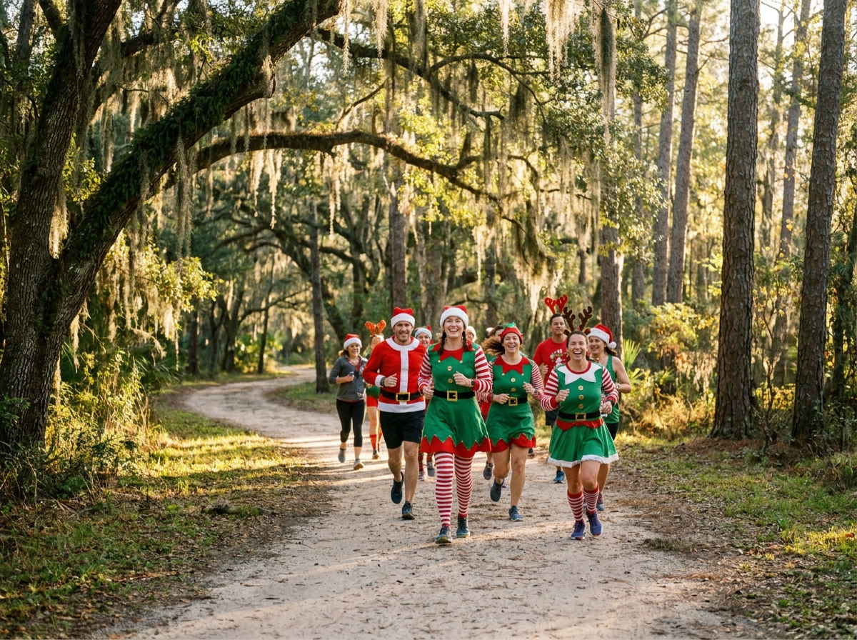 Runners in Santa and elf costumes on a shaded trail under moss-draped oaks at Silver Springs State Park