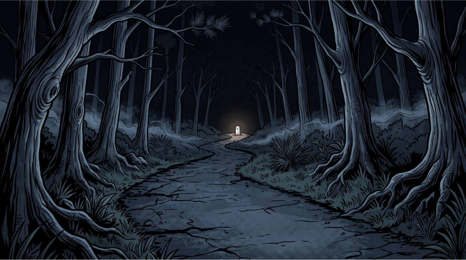 A lantern glowing on a dark forest trail at night