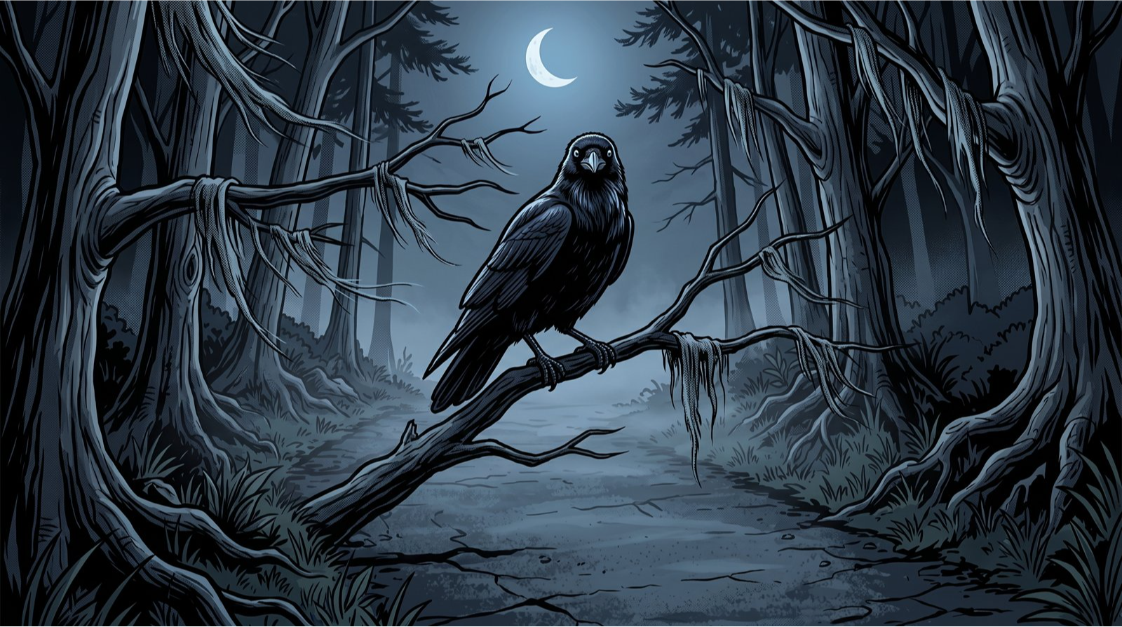 A raven perched on a dead branch over a moonlit forest trail
