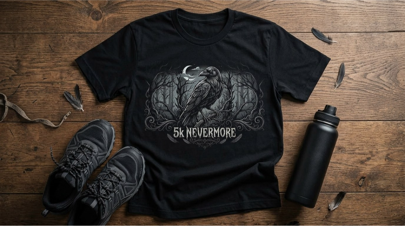 Black triblend 5k Nevermore race shirt with raven logo