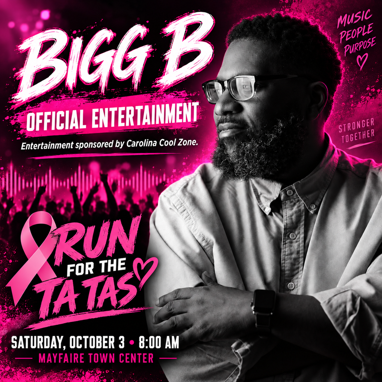 Bigg B, official entertainment for the 2026 Run for the Ta Tas, sponsored by Carolina Cool Zone. October 3 at 8 a.m., Mayfaire Town Center.