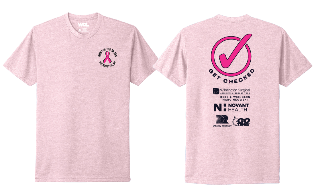 Front and back of the pink 2026 Run for the Ta Tas shirt with Get Checked artwork and sponsor logos