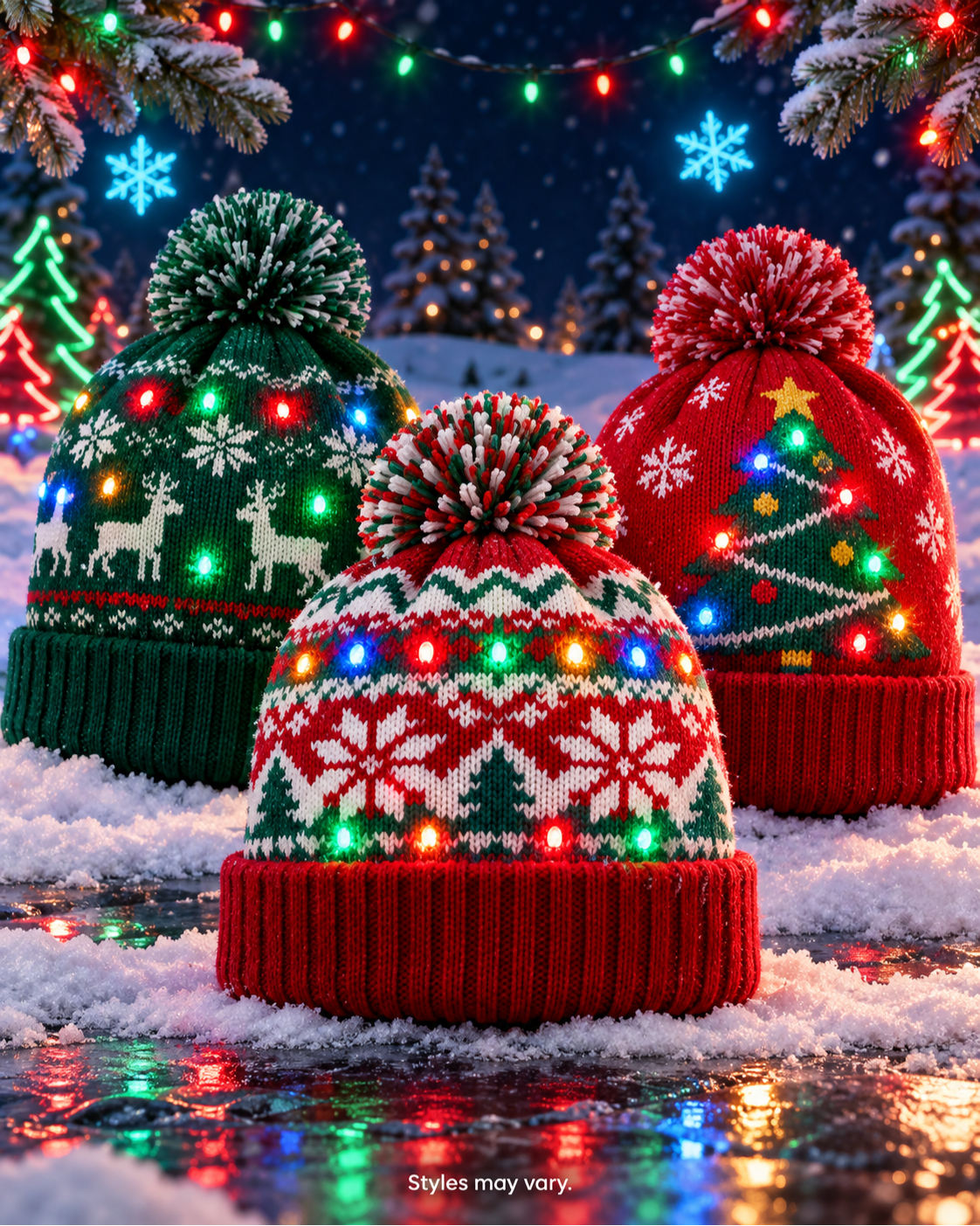 Three assorted light-up Christmas beanies against a neon holiday background. Styles may vary.