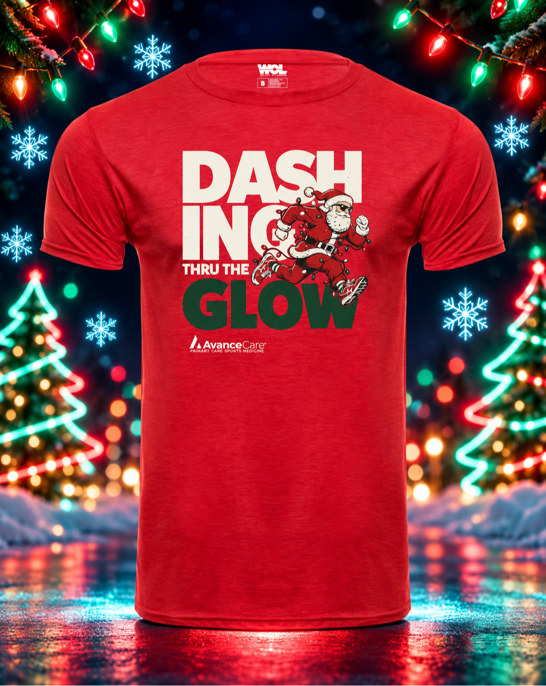 Red Dashing Thru the Glow race shirt featuring running Santa, surrounded by glowing Christmas lights and neon trees.