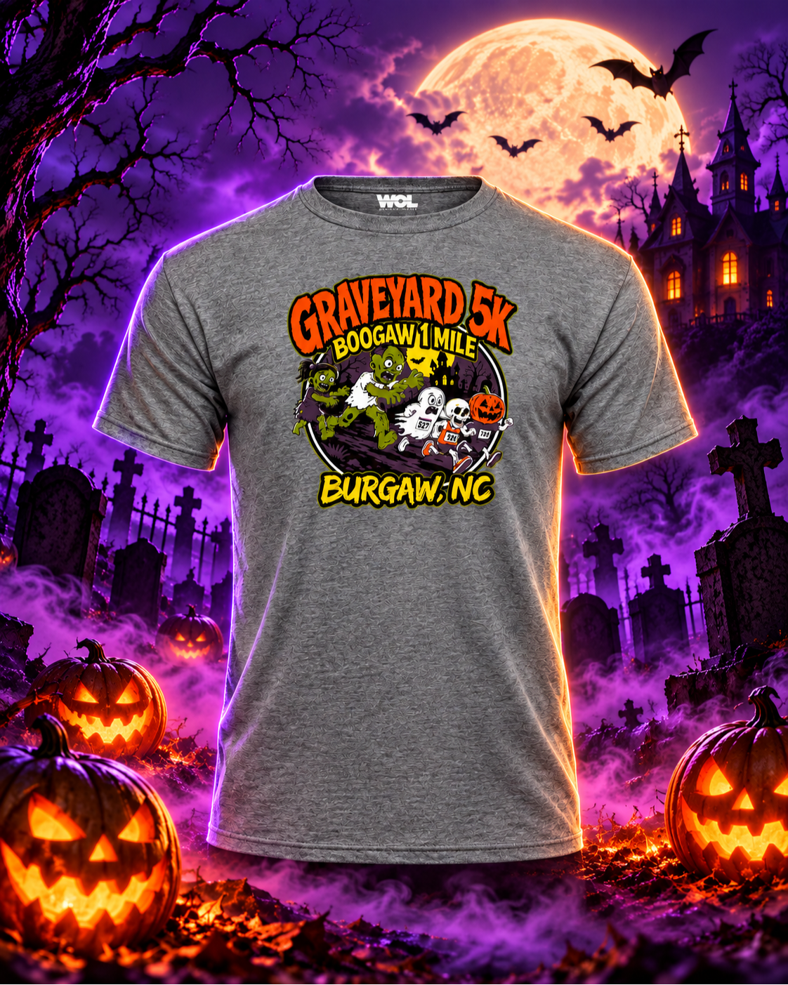 Gray Without Limits Graveyard 5K and Boo-Gaw 1 Mile shirt with a purple Halloween graveyard and glowing pumpkins.