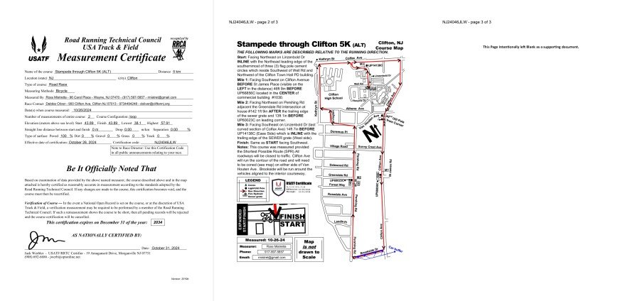 Certification paperwork with a map of the route.