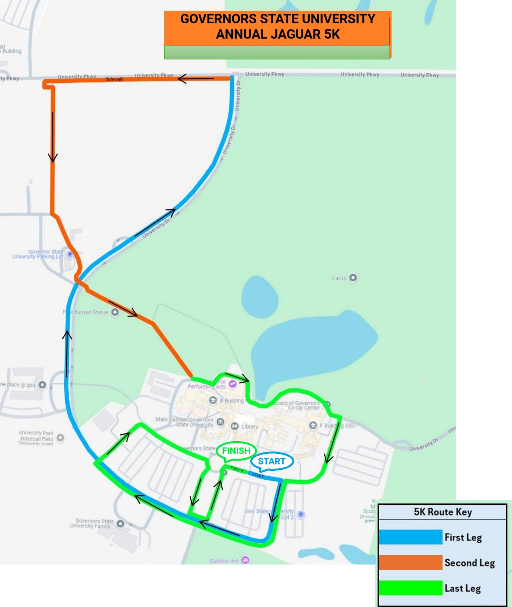 5k map route with Start and Finish line.