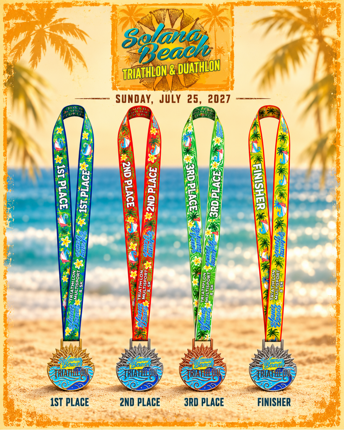 2027 Solana Beach Triathlon medals with 1st, 2nd, 3rd place and finisher ribbons for Sunday, July 25, 2027