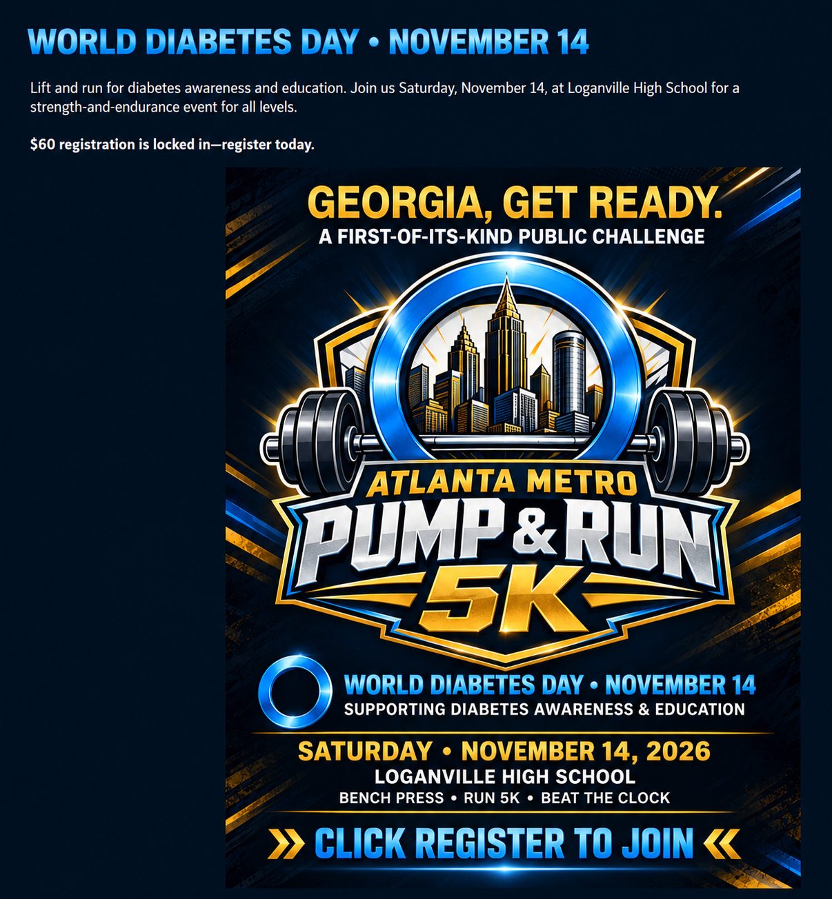 Atlanta Metro Pump and Run 5K poster supporting diabetes awareness and education on World Diabetes Day, November 14, 2026.